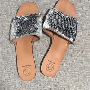 Tory Burch Silver Sequin Slide Sandals